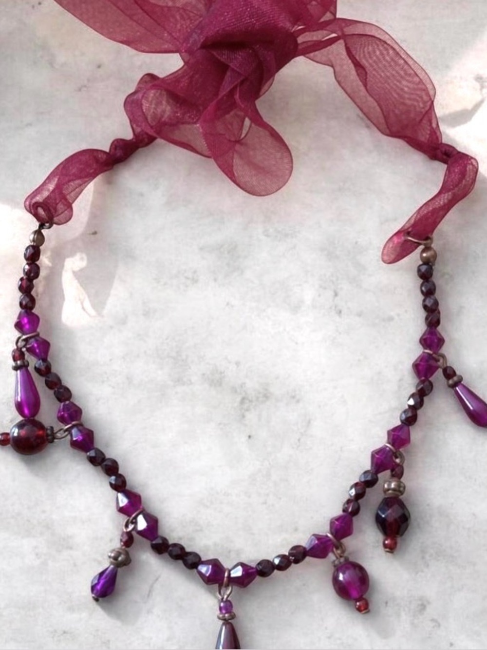 Vintage Avon Gothic Romantic Burgundy Bead Organza Ribbon Fringe Choker NIB